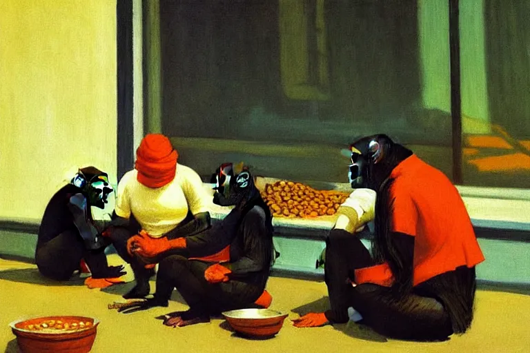 Image similar to a highly detailed painting of chimpanzees cooking lentil dhaal, by Edward hopper