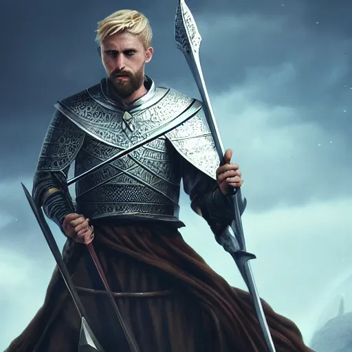 Image similar to King Arthur with Excalibur, 4k, artstation, cgsociety, award-winning, masterpiece, stunning, beautiful, glorious, powerful, fantasy art