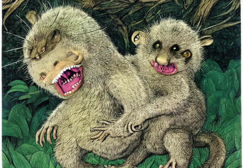 Image similar to possum monster in the wild, colorized, high detail, by Maurice Sendak