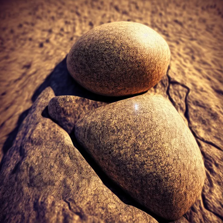 Image similar to photo of a huge pebble with a glowing rune drawn on it. pebble is almost completely wrapped with copper wire. extremely high details, masterpiece, cinematic, octane rendering, depth of field, bokeh, cgsociety