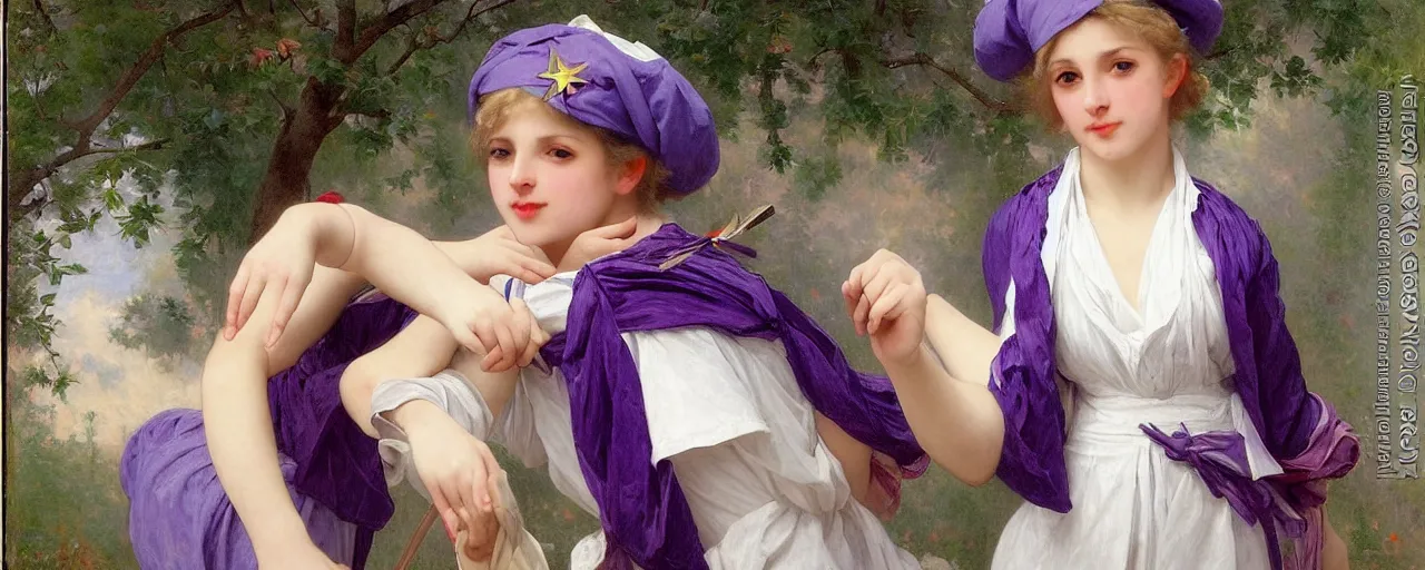 Image similar to A character sheet of a very cute magical girl with short blond hair wearing an oversized purple Beret, Purple overall shorts, Short Puffy pants made of silk, pointy jester shoes, a big billowy scarf, and white leggings. Rainbow accessories all over. Flowing fabric. Covered in stars. Short Hair. Art by william-adolphe bouguereau and Paul Delaroche and Alexandre Cabanel and Lawrence Alma-Tadema and WLOP and Artgerm. Fashion Photography. Decora Fashion. harajuku street fashion. Kawaii Design. Intricate, elegant, Highly Detailed. Smooth, Sharp Focus, Illustration Photo real. realistic. Hyper Realistic. Sunlit. Moonlight. 4K. UHD. Denoise.