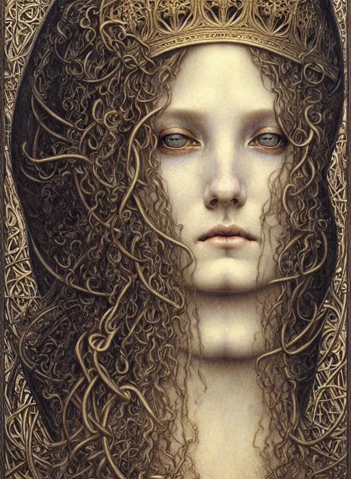 Image similar to detailed realistic beautiful young medieval queen face portrait by jean delville, gustave dore and marco mazzoni, art nouveau, symbolist, visionary, gothic, pre - raphaelite. horizontal symmetry