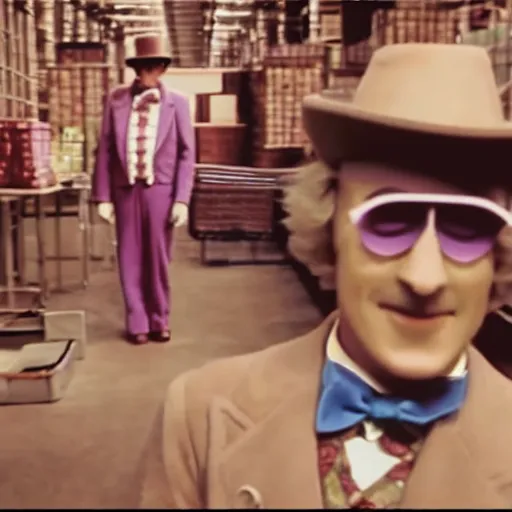 Image similar to security cam footage still of Willy Wonka in his Chocolate Factory