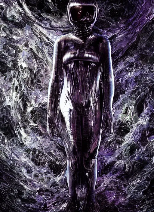 Image similar to alien astronaut in dark void underwater - complex and hyperdetailed technical suit design. reflection and dispersion materials. rays and dispersion of light. volumetric light. f / 3 2. noise film photo. flash photography. ultra realistic, 5 0 mm. poster by wayne barlowe, hajime sorayama aaron horkey, craig mullins