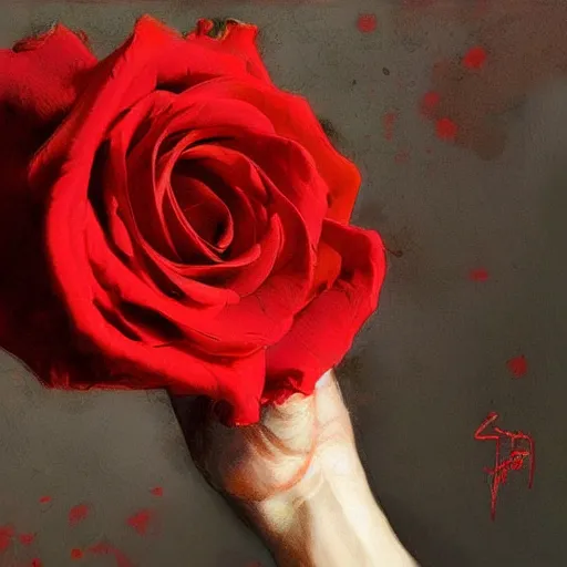 Image similar to hyperrealistic hand holding a red rose by ruan jia and greg rutkowski