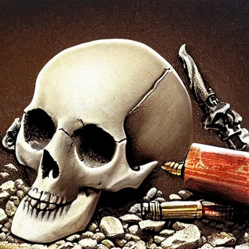 Prompt: a chess piece, a skull and bullet casings lying in rubble by greg hildebrandt
