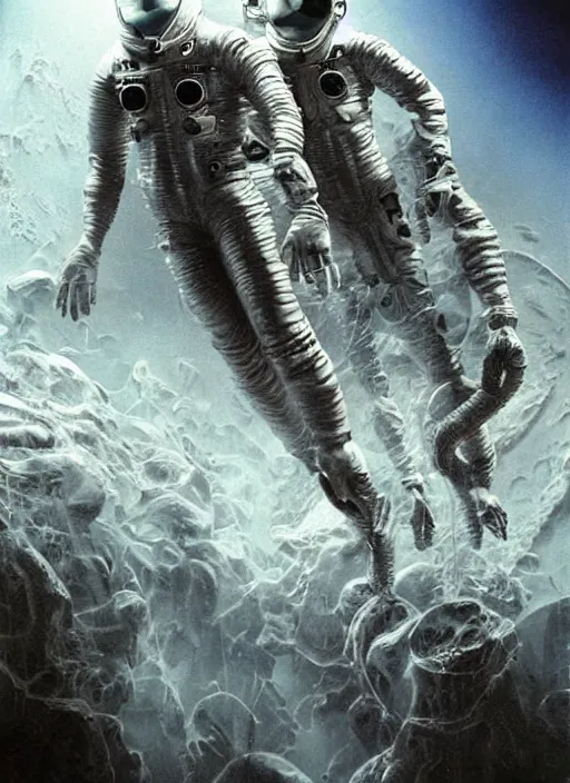 Image similar to astronauts in dark and empty void underwater - complex and hyperdetailed technical suit. reflection and dispersion materials. rays and dispersion of light. volumetric light. 5 0 mm, f / 3 2. noise film photo. flash photography. ultra realistic, wide angle. poster by wayne barlowe, hajime sorayama aaron horkey, craig mullins