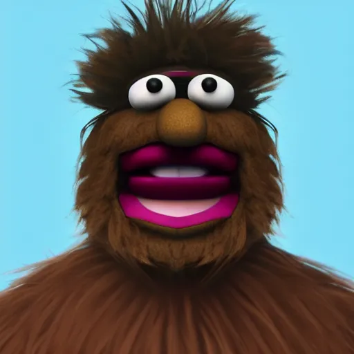 Image similar to a still of a forgotten muppet character looking very manly and modern, hilarious, laughing, hairy chest, huge chin, manly monster tough guy, roughled fur, photo real, photographic, photograph, artstation, trending, featured