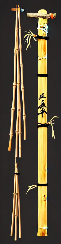 Prompt: picture of a single wooden long straight thin ninja fighting staff with oriental ornaments, bamboo, weapon, highlight, vertical, centred, highly symmetric, sci - fi, fantasy, japan, dnd, close shot, bright uniform background, award winning