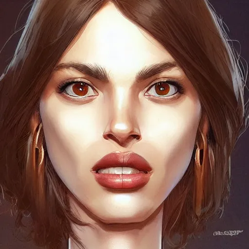 Image similar to a tall, tan skinned woman with sunken, dark brown eyes, defined cheekbones and a large nose. she has lank, brown hair, wears reddish lipstick, and she has a crooked smile. detailed face, smooth, sharp focus, graphic novel, by artgerm and greg rutkowski and pepe larraz