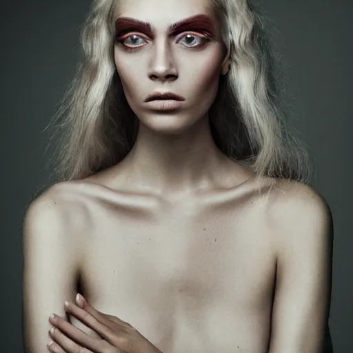 Image similar to a muted colors natural make-up portrait photograph, editorial story, Vouge Scandinavia, editorial photography by Camilla Åkrans