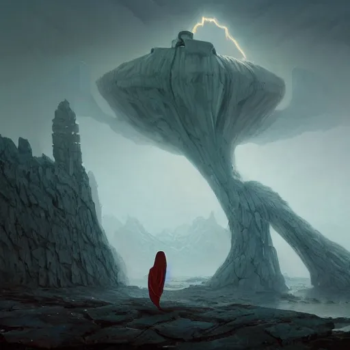 Image similar to stone humanoid colossus by grzegorz rutkowski and richard wright and peter mohrbacher and dan scott, atmospheric haze, stormy, tundra, tiny woman in cloak in foreground silhouette, large scale