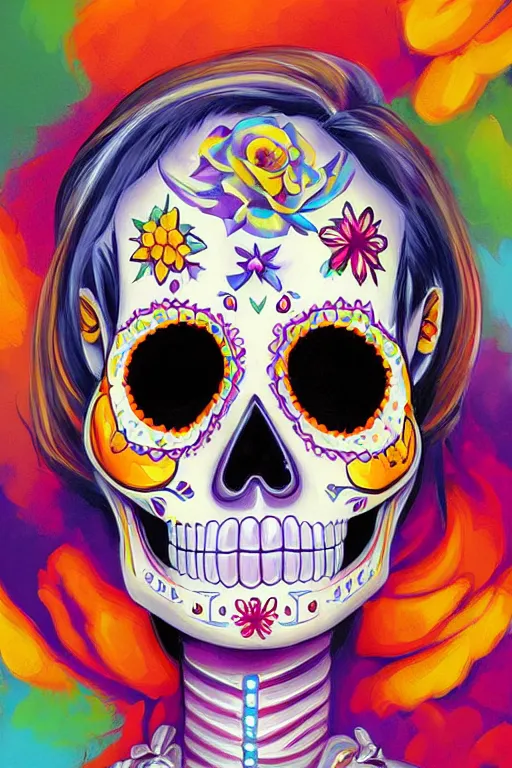 Prompt: illustration of a sugar skull day of the dead girl, art by rhads