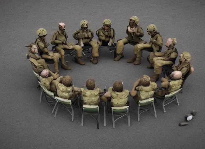 Prompt: soldiers and weirdos sitting in a circle on folding chairs, realistic, detailed, trending on artstation