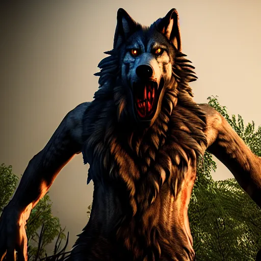 Image similar to werewolf from van helsing unreal engine hyperreallistic render glow 8k