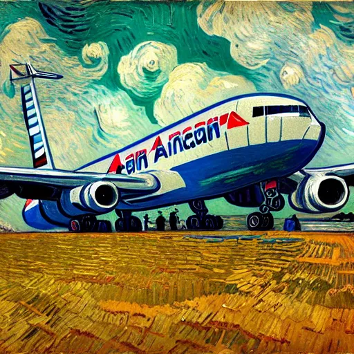 Prompt: van gogh painting of american airlines, 4 k, hyper realistic, dslr, high resolution, landscape, beautiful