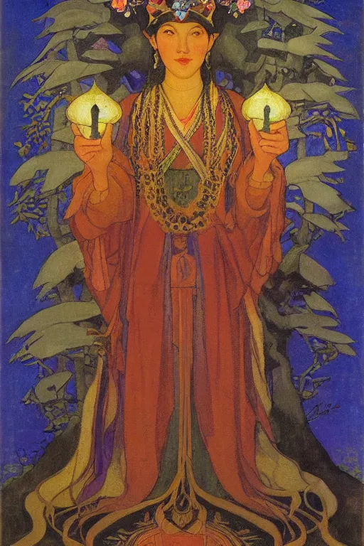 Image similar to queen of the forest with her crown and lantern, by Nicholas Roerich and Annie Swynnerton and Frederick Sandys, dramatic cinematic lighting , ornate headdress , flowing robes, sacred artifacts, lost civilizations, smooth, sharp focus, extremely detailed