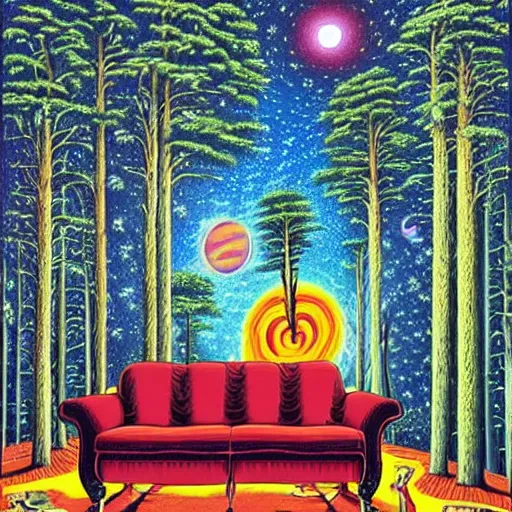 Prompt: psychedelic trippy bald man couch pine forest, planets, milky way, sofa, cartoon by rob gonsalves