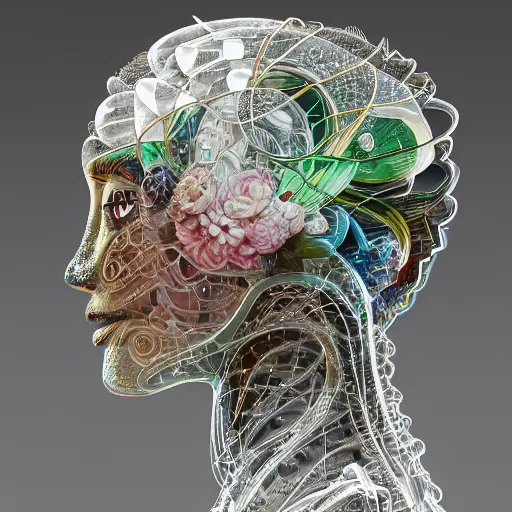 Prompt: the profile portrait of an extremely beautiful, gorgeous, elegant and sophisticated young glass mechanoid made of glass, an ultrafine detailed illustration by james jean, giuseppe arcimboldo, intricate, final fantasy, unreal engine 5 highly rendered, global illumination, radiant light, fine fiberglass, luminous, translucent, volumetric light, futuristic, 4 k, artstation.