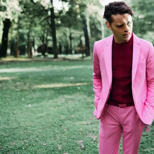 Prompt: a man wearing pink suit in a park, realistic