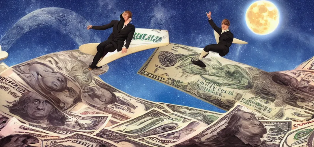 Image similar to mr beast surfing on money beyond the moon