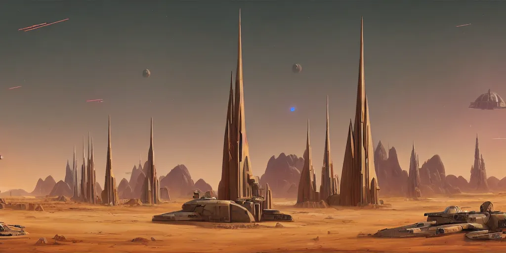 Prompt: tall spire military base surrounded by city scape, sand dunes, desert planet, war, star wars, warhammer 4 0 k, retro futurism, art deco, simon stalenhag