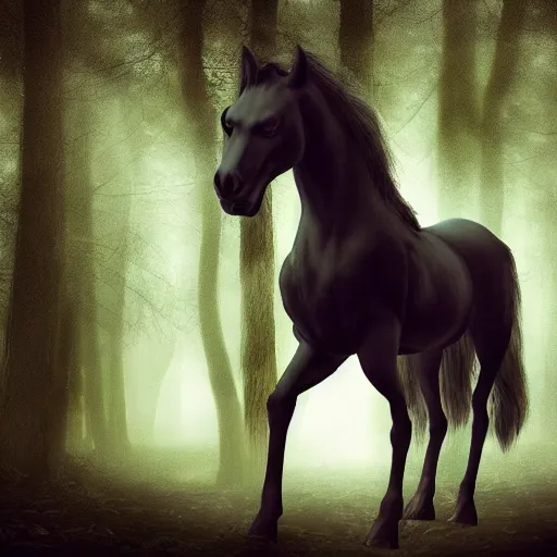 Image similar to werecreature consisting of a horse and a human, featured on artstation, photograph captured in a dark forest