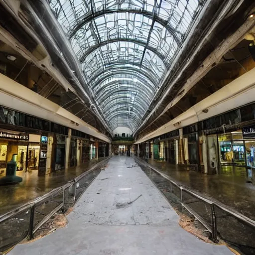 Image similar to a huge indoor mall from a byegone era, the faded signs are all that remains of the nostalgia of the past, the floor is overgrown with moss and vines, the skylight windows were broken open long ago, allowing for sunbeams to stream in, illuminating the ground with a soft glow