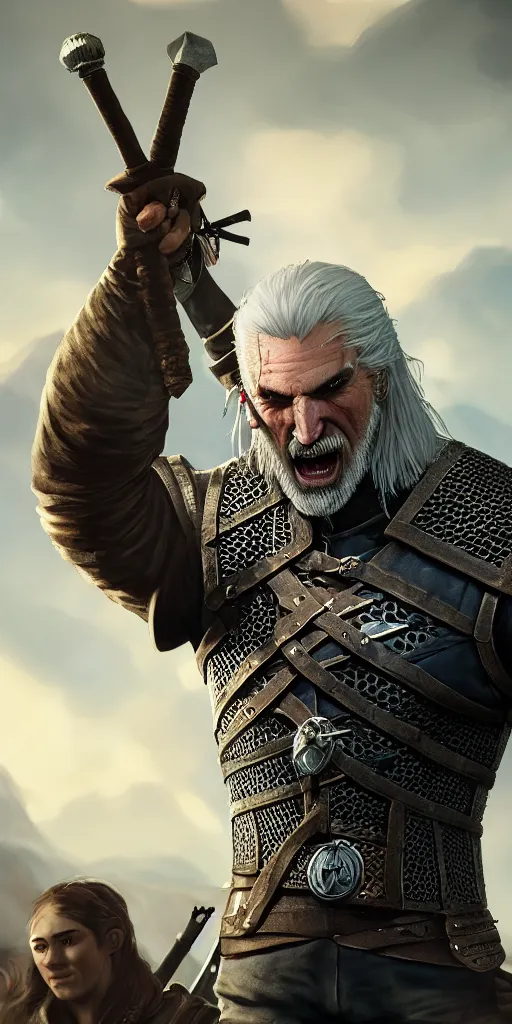 Image similar to Every Geralt Of Rivia ever laughing at you, Darek Zabrocki, Karlkka, Jayison Devadas, Phuoc Quan, trending on Artstation, 8K, ultra wide angle, pincushion lens effect