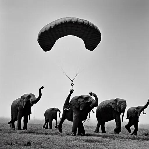 Image similar to photo of elephant paratroopers parachuting behind enemy lines