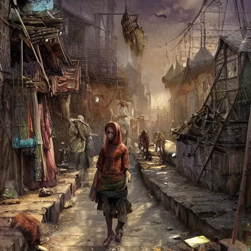 Image similar to slum neighborhood in lord of the ring world, fantasy, on artgerm, ilya yefimovich repin style, hyperrealistic content, high definition content, intricate, delete duplicate content, justify content center, ultra detailed content, 5 dark tone colors