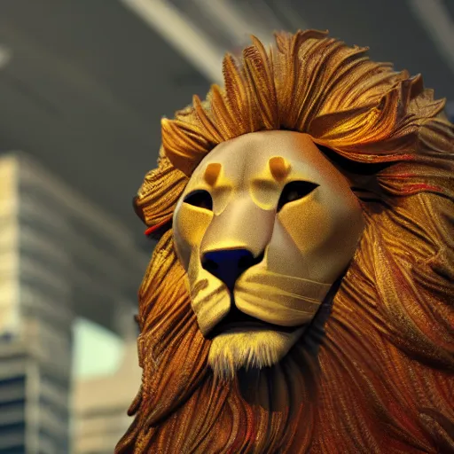 Prompt: scene of an anthropomorphic lion at a protest movement exquisite detail lion in hippie clothes, Streetwear, hippie fashion, protest movement, trending on artstation, bokeh, incredible detail, Mucha, Graeme Base, 8k detail, gi, global illumination, physically based rendering, photoreal, small details, intricate complexity