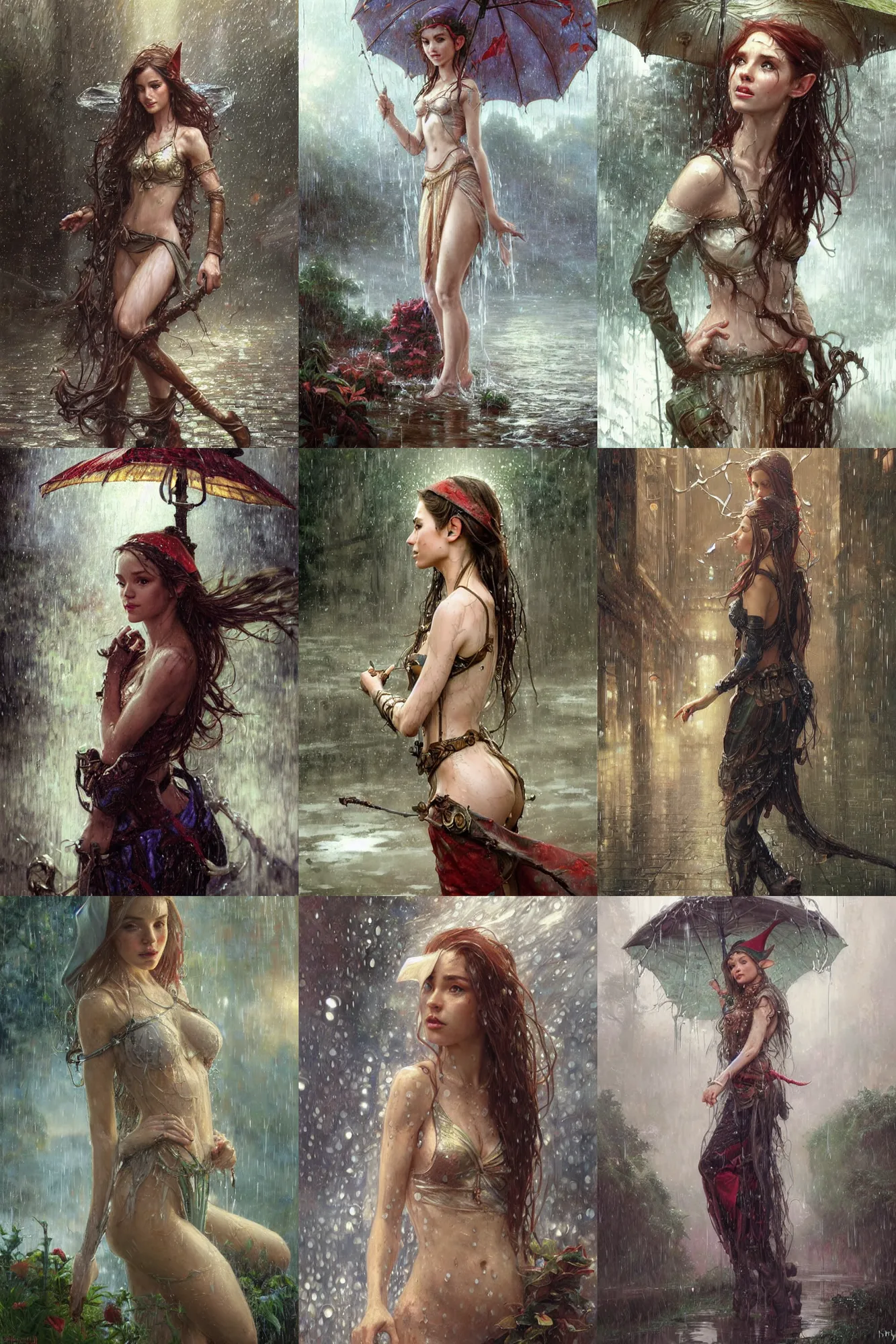 Prompt: hyper-realistic portrait of beautiful high-fantasy elf girl standing drenched in the rain, intricate details, rule of thirds, by Stanley Artgerm Lau, by greg rutkowski, by thomas kindkade, by alphonse mucha, loish, by norman rockwell J.