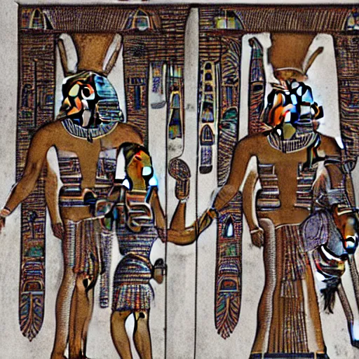 Image similar to the annunaki have returned to egypt with egyptian pharaoh head - dresses and breathing hoses that look like elephant trunks - alien - looking, futuristic, detailed, photo - realism