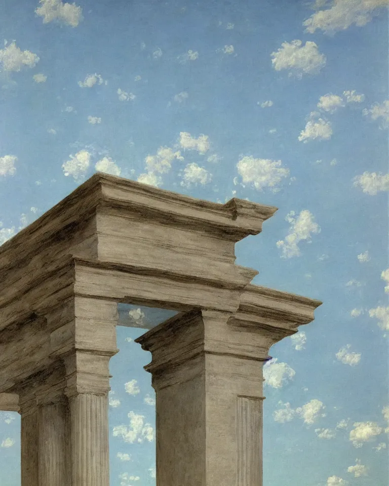 Image similar to achingly beautiful painting of a roman pediment on baby blue background by rene magritte, monet, and turner. piranesi.