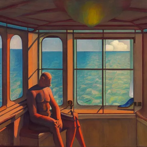 Image similar to giant bathysphere interior, portholes, scuba divers, grant wood, pj crook, edward hopper, oil on canvas