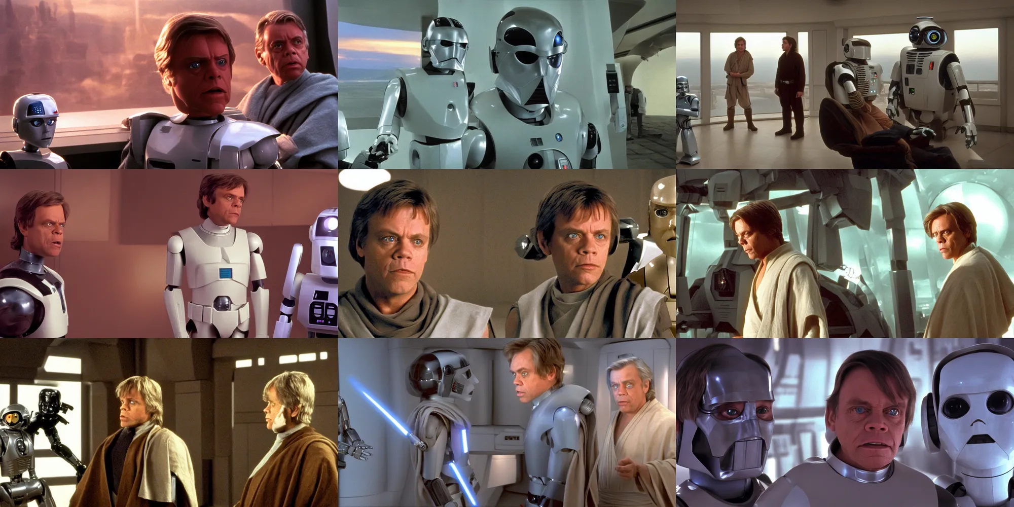 Prompt: A full color still of clean shaven Mark Hamill as Jedi Master Luke Skywalker talking with a humanoid robot, there are large windows showing a sci-fi city outside, at dusk, at golden hour, from The Phantom Menace, directed by Steven Spielberg, 1999