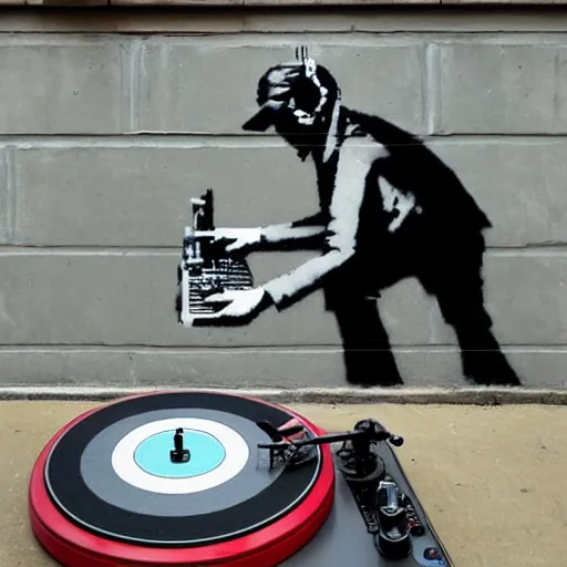 Image similar to a banksy street art depicting a disc jockey using a turntable, artstation, highly detailed