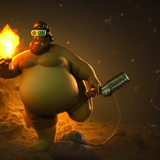 Image similar to highly detailed octane render of a short ugly fat man with a giant beard, holding a grenade launcher and wearing armour, goggles and a safety hat whilst laughing at a green mushroom cloud surrounded by dead insects in a cave