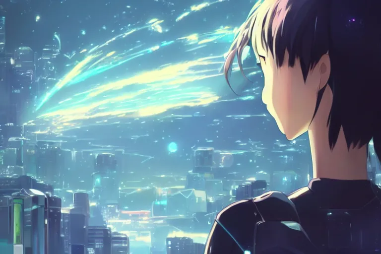 Prompt: makoto shinkai. robotic android girl. futuristic cyberpunk. dystopia. vibrant nebula sky.... robotic wired arm. back of head.