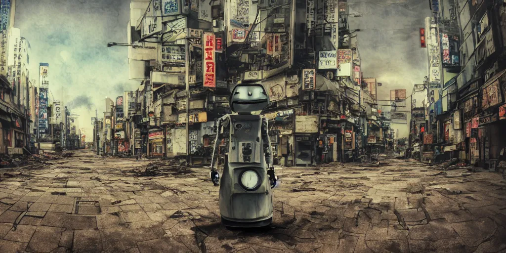 Prompt: broken robot lying deserted shinjuku junk town, watercolor, ghost in the shell, soft bloom lighting, paper texture, bright sun bleached ground, vending machine, koji morimoto, katsuya terada, black smoke, pale, beige sky pencil marks, hd, 4k, remaster, dynamic camera angle, fish eye, dynamic scene