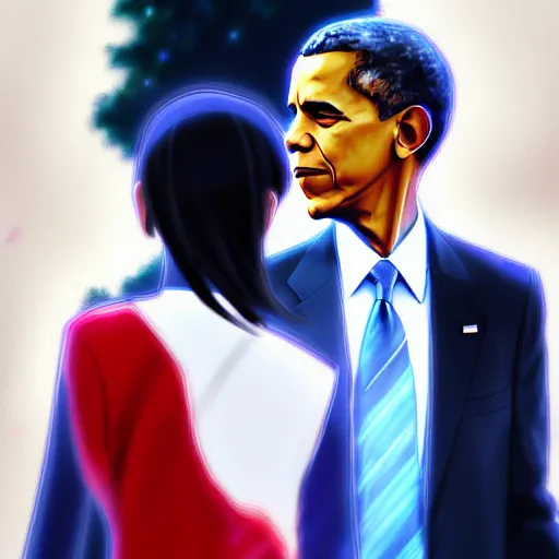 Image similar to beautiful makoto shinkai anime style digital painting portrait of barack obama at the white house walking away from a woman, heartbroken, 4 k, 8 k, hd, high resolution, highly detailed, intricate detail, ultra realistic faces, digital art, trending on artstation, your name, weathering with you