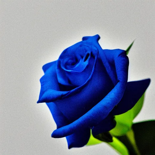 Prompt: A realistic high quality photograph of a single long stemmed beautiful blue rose against a white background