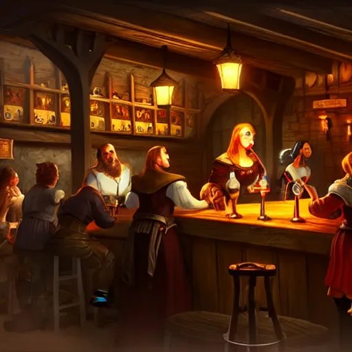 Image similar to medieval tavern with barmaid and patrons drinking, artstation, fantasy