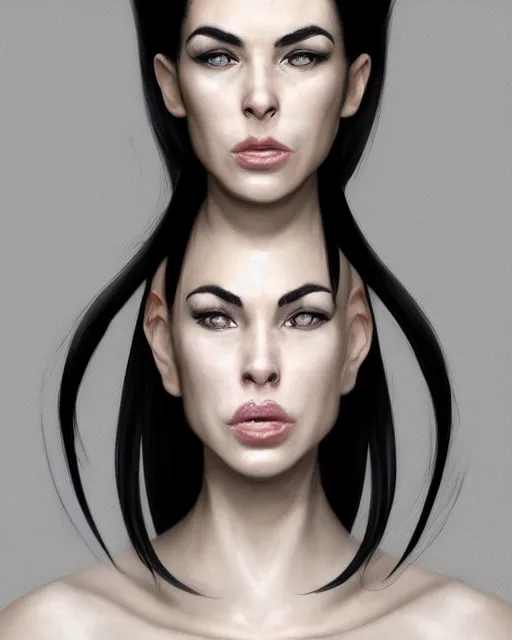 Image similar to portrait of a tall 4 0 - year - old woman with thin lips, long, lush black hair gathered on the head bun, and thick eyebrows, haughty facial expression, wearing in black clothes, aristocratic appearance, hyper realistic face, beautiful eyes, character art, art by mark brooks, hyperdetailed, cryengine, trending on artstation, digital art