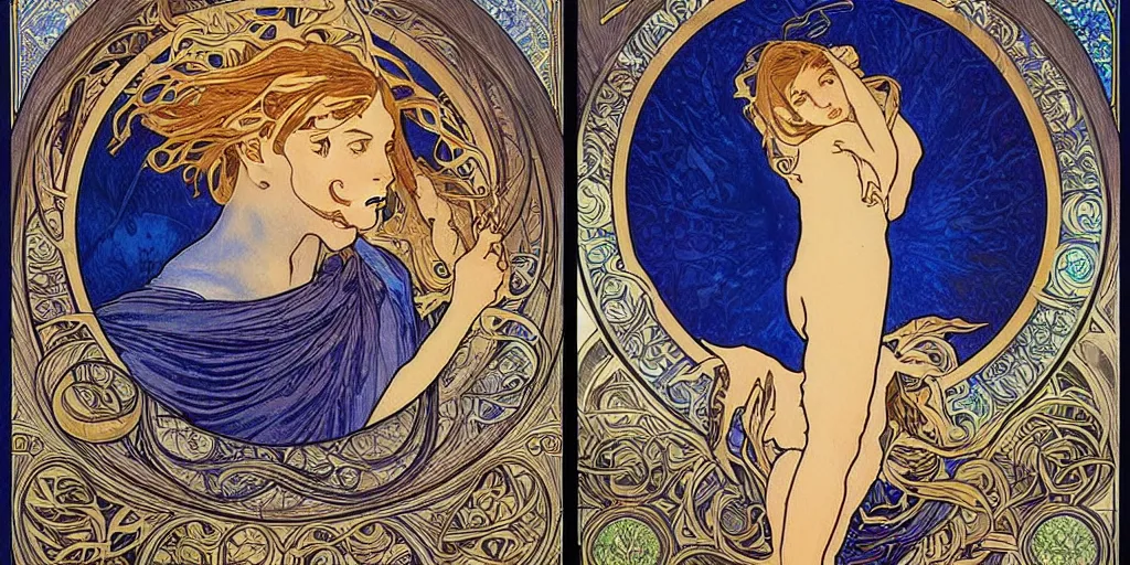 Prompt: the longest night, cloaked dark night with moon and candle and tattoos, by alphonse mucha and alex grey, handsome face, ultramarine blue and gold, intricate stained glass