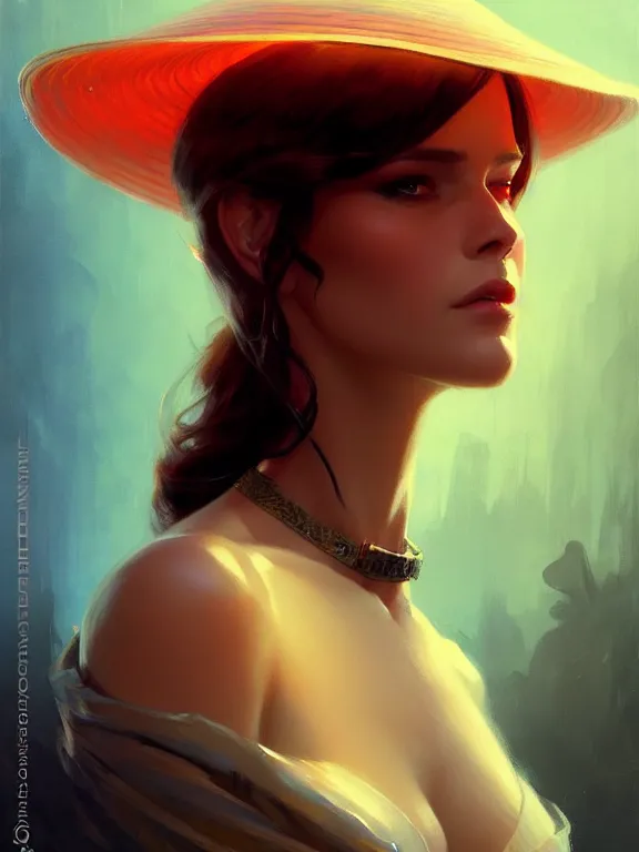Prompt: masterpiece concept art, a beautiful highly detailed sci - fi western lady in translucent hat, cinematic moody colors, realistic shaded lighting poster by ilya kuvshinov, magali villeneuve, artgerm, jeremy lipkin and michael garmash and rob rey,