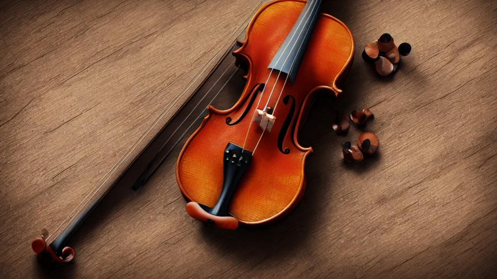 Prompt: a violin on an ancient wood table in victorian house, close up, 3/4 view, beautifull reflexions, detailed, photorealistic, octane render