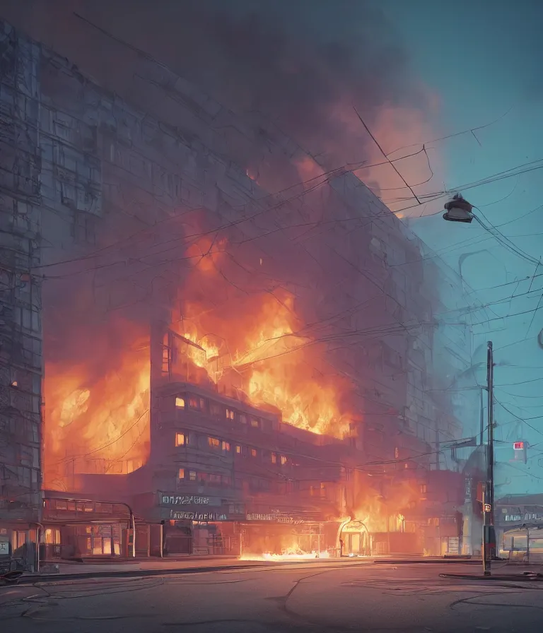 Image similar to a beautiful hyperrealistic detailed 3D render of a burning hospital with a neon sign, by Anton Otto Fischer, Atey Ghailan, genzoman, unreal engine, octane render, gigantic, 3D, brilliantly coloured, intricate, ultra wide angle, trending on artstation, embers, smoke, dust, dusk, volumetric lighting, HDR, polished, micro details, ray tracing, 8k