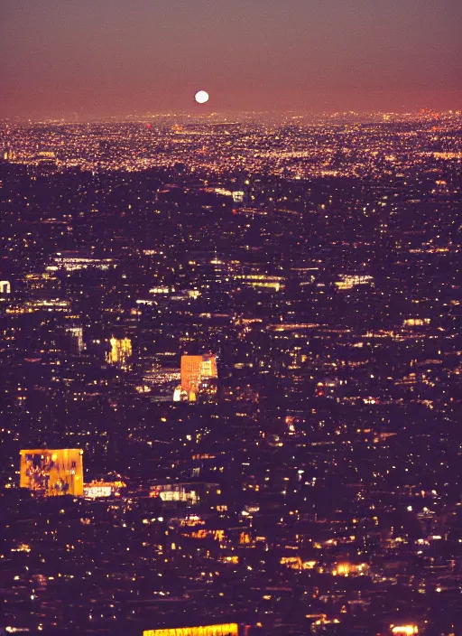 Image similar to the moon hangs low in the sky over downtown los angeles, dusk, photography, cinematic, tarantino, 7 0 mm film